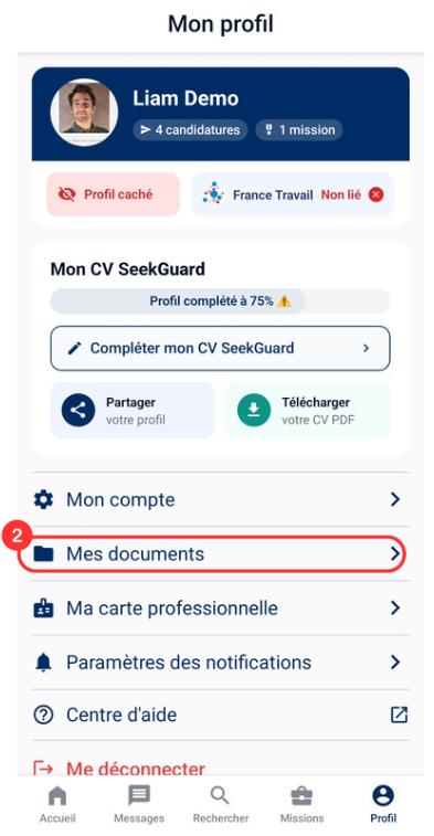 Écran d'accueil du coffre-fort numérique